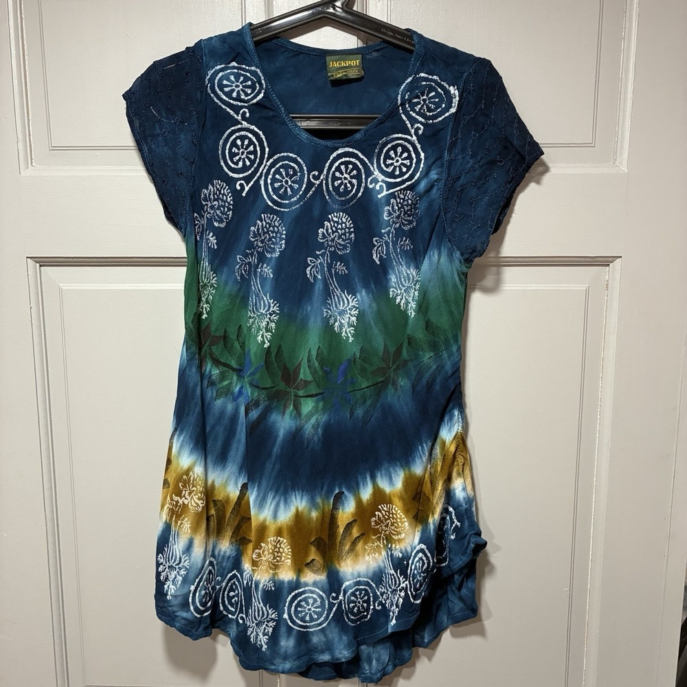Jackpot Women's Boho‎ Festival Tie Dye Tunic Top Free Size Short Sleeves Blue - Picture 2 of 11
